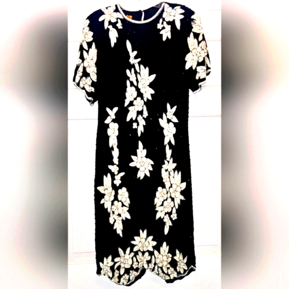 Black&White Sequined&Beaded Silk OpenBack Dress NWT by Eve'sAllure Size XL